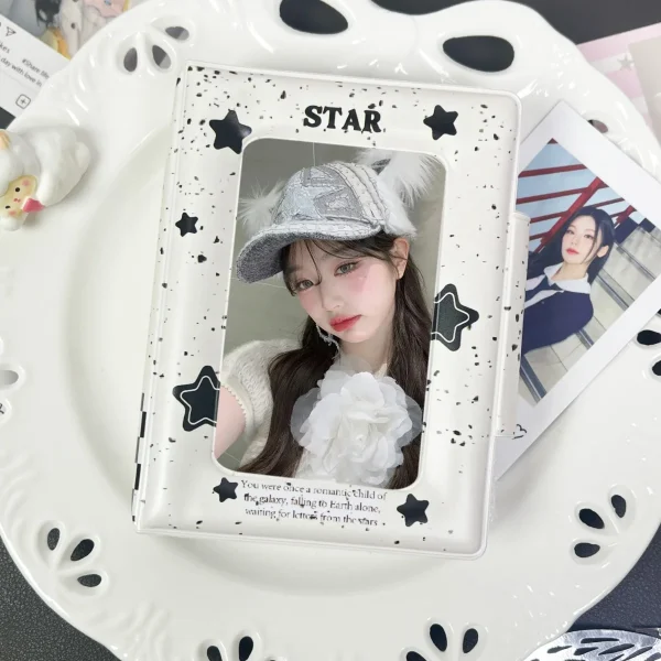 Cute Warm Ink Dots Star Kpop Photocard Holder Black White Blocks 2*3" - 2.5*3.5" Polaroid Album 32 Pack Can Hold 32 Cards 1