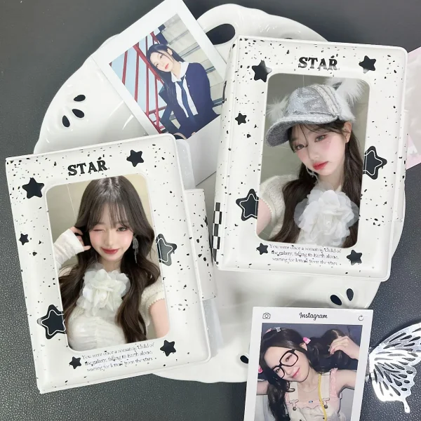 Cute Warm Ink Dots Star Kpop Photocard Holder Black White Blocks 2*3" - 2.5*3.5" Polaroid Album 32 Pack Can Hold 32 Cards 3