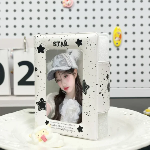 Cute Warm Ink Dots Star Kpop Photocard Holder Black White Blocks 2*3" - 2.5*3.5" Polaroid Album 32 Pack Can Hold 32 Cards 4