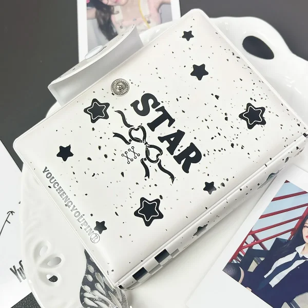 Cute Warm Ink Dots Star Kpop Photocard Holder Black White Blocks 2*3" - 2.5*3.5" Polaroid Album 32 Pack Can Hold 32 Cards 5