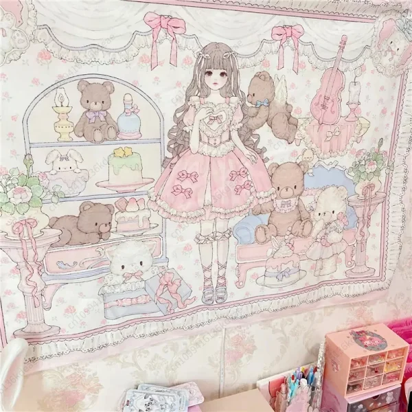 Cartoon Girl Tapestry Anime Tapestry Cute Girls Tea Party Background Cloth Flag Aesthetic Bedroom Decoration Tapestry Art Banner 5