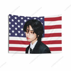 Kpop Idol Tapestry SKZ Han Jisung Pink American Flag Wall Hanging Poster College Dorm Decoration Background Cloth Garden Banners 1