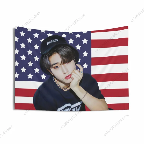 Kpop Idol Tapestry SKZ Han Jisung Pink American Flag Wall Hanging Poster College Dorm Decoration Background Cloth Garden Banners 3