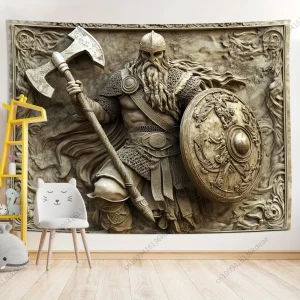 Unique Aesthetic Decorative Tapestry Viking Warrior 3D Embossed Tapestries Norse Myth Art Wall Hanging Cloth Party Decor Gifts 1