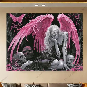 Fantasy Tapestry Gothic Pink Winged Angel Wall Art Decor Dark Fantasy Skull Aesthetic Room Decor Bedroom Backdrop Cloth Tapestry 1