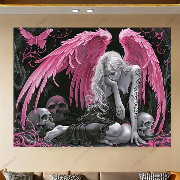 Fantasy Tapestry Gothic Pink Winged Angel Wall Art Decor Dark Fantasy Skull Aesthetic Room Decor Bedroom Backdrop Cloth Tapestry 1