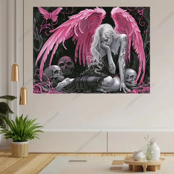 Fantasy Tapestry Gothic Pink Winged Angel Wall Art Decor Dark Fantasy Skull Aesthetic Room Decor Bedroom Backdrop Cloth Tapestry 3