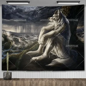 Emo White Wolf Sitting Meme Tapestry Werewolf Tapestries For Bedroom Printed Home Decoration Paintings Room Wall Hanging Posters 1