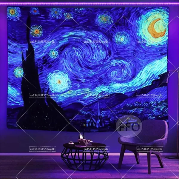 Blacklight Tapestry Starry Night Van Gogh Wall Art Decor Glow In The Dark Oil Painting Fluorescent Tapestry Uv Reactive Poster 1