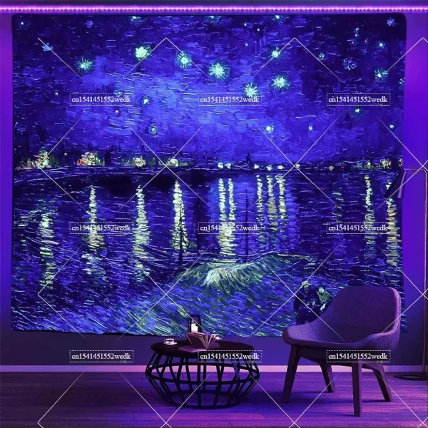 Blacklight Tapestry Starry Night Van Gogh Wall Art Decor Glow In The Dark Oil Painting Fluorescent Tapestry Uv Reactive Poster 2