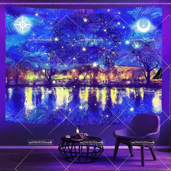 Blacklight Tapestry Starry Night Van Gogh Wall Art Decor Glow In The Dark Oil Painting Fluorescent Tapestry Uv Reactive Poster 3