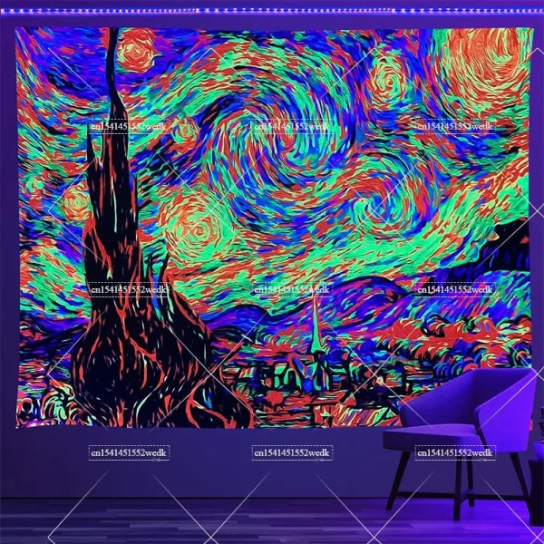 Blacklight Tapestry Starry Night Van Gogh Wall Art Decor Glow In The Dark Oil Painting Fluorescent Tapestry Uv Reactive Poster 4