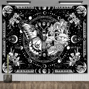 Skeleton Butterfly Tapestry Black And White Skull Mushroom Tapestry Hippie Aesthetic Room Decor Wall Hanging Background Cloths 1