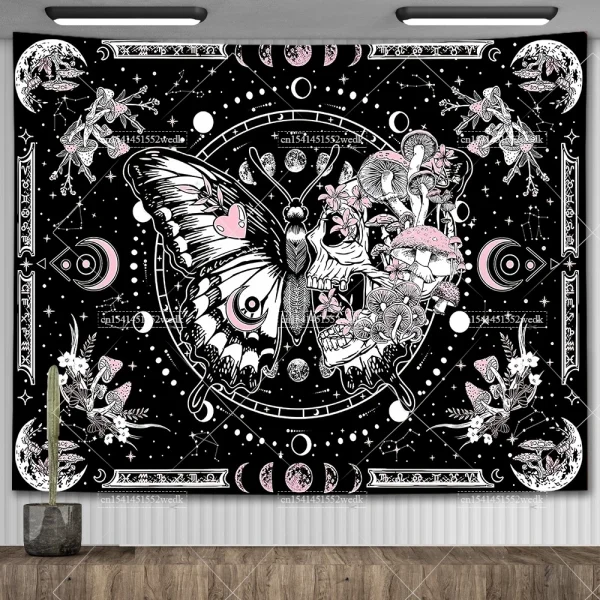 Skeleton Butterfly Tapestry Black And White Skull Mushroom Tapestry Hippie Aesthetic Room Decor Wall Hanging Background Cloths 2