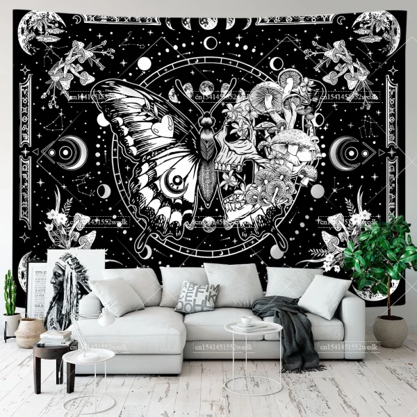 Skeleton Butterfly Tapestry Black And White Skull Mushroom Tapestry Hippie Aesthetic Room Decor Wall Hanging Background Cloths 3