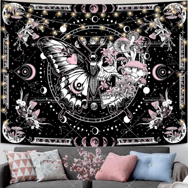 Skeleton Butterfly Tapestry Black And White Skull Mushroom Tapestry Hippie Aesthetic Room Decor Wall Hanging Background Cloths 5