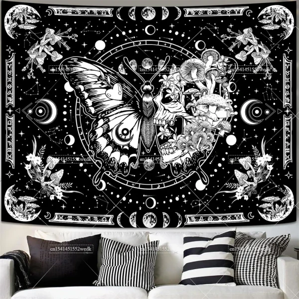 Skeleton Butterfly Tapestry Black And White Skull Mushroom Tapestry Hippie Aesthetic Room Decor Wall Hanging Background Cloths 6