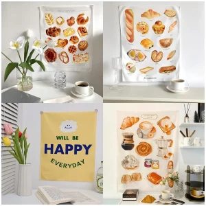 VIKAMA Hand-Painted Bread Tapestry Baguette Croissant Multinational Baking Pattern Kitchen Cafe Decoration Literary Home 1