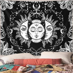 1pc Sun Moon Tapestry, Burning Sun and Stars Tapestry, Black and White Mysterious Tarot Card Tapestry 1