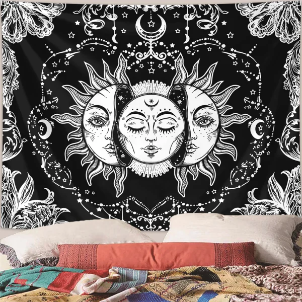 1pc Sun Moon Tapestry, Burning Sun and Stars Tapestry, Black and White Mysterious Tarot Card Tapestry 1