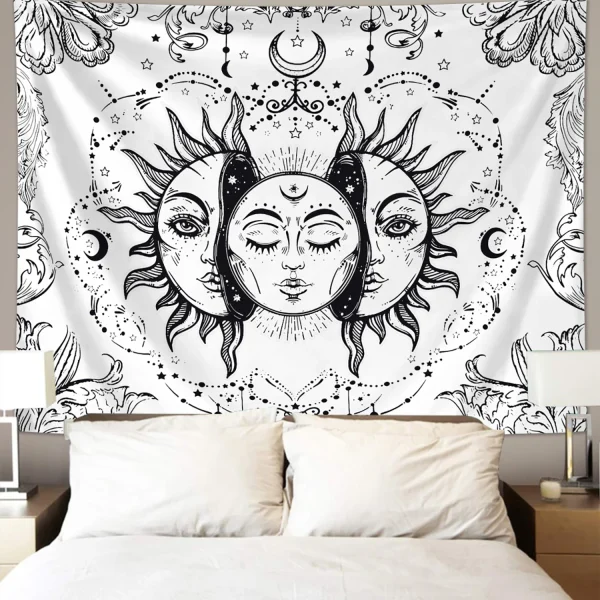 1pc Sun Moon Tapestry, Burning Sun and Stars Tapestry, Black and White Mysterious Tarot Card Tapestry 3