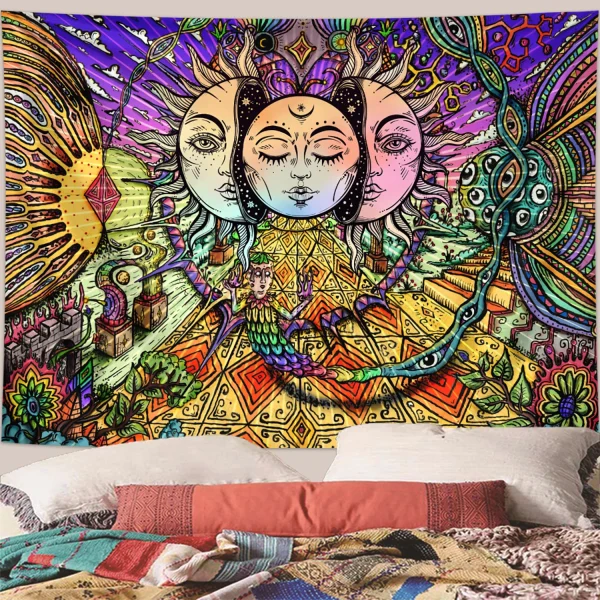 1pc Sun Moon Tapestry, Burning Sun and Stars Tapestry, Black and White Mysterious Tarot Card Tapestry 4