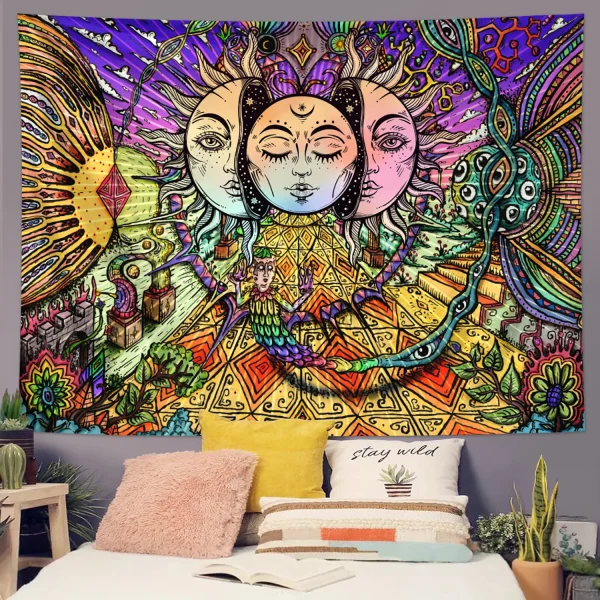 1pc Sun Moon Tapestry, Burning Sun and Stars Tapestry, Black and White Mysterious Tarot Card Tapestry 5