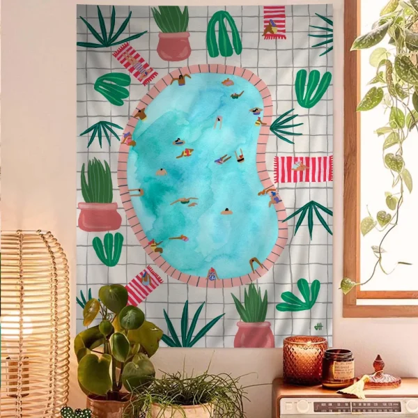 VIKAMA Summer Pool Party Tapestry Cartoon Fun Swimmer Aesthetic Gradient Waves Living Room B&B Room Decoration 1