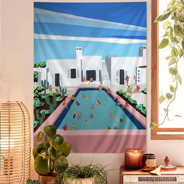 VIKAMA Summer Pool Party Tapestry Cartoon Fun Swimmer Aesthetic Gradient Waves Living Room B&B Room Decoration 2