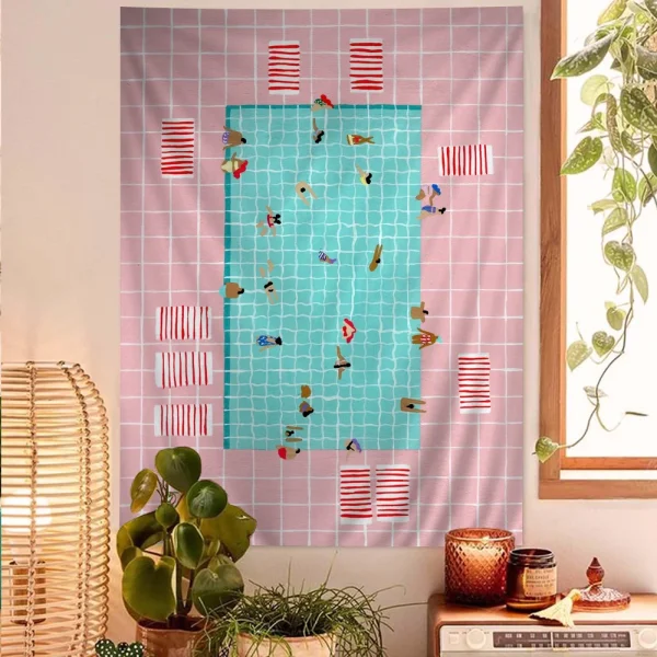 VIKAMA Summer Pool Party Tapestry Cartoon Fun Swimmer Aesthetic Gradient Waves Living Room B&B Room Decoration 3