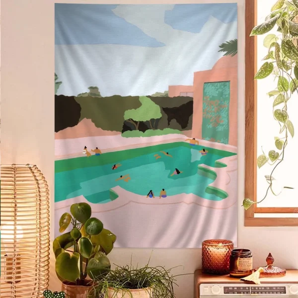 VIKAMA Summer Pool Party Tapestry Cartoon Fun Swimmer Aesthetic Gradient Waves Living Room B&B Room Decoration 4