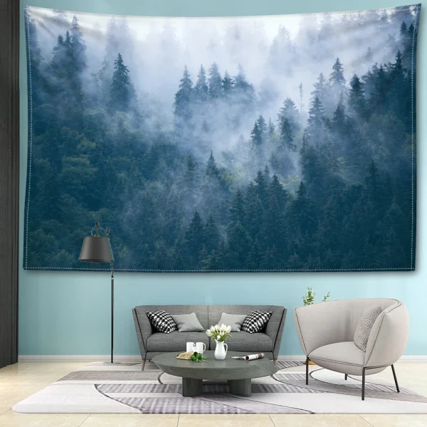 Misty Forest Tapestry Wall Hanging Natural Art Landscape Bohemian Minimalist Art Hippy Living Room Bedroom Home Decor 3