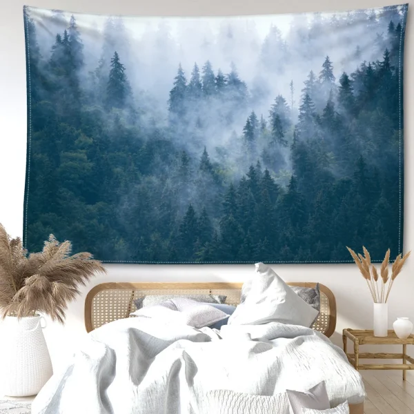 Misty Forest Tapestry Wall Hanging Natural Art Landscape Bohemian Minimalist Art Hippy Living Room Bedroom Home Decor 5
