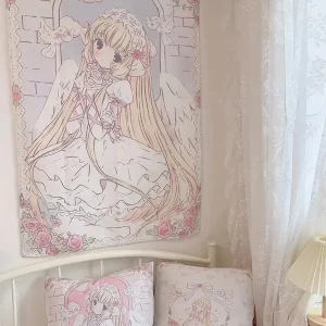 Kawaii Anime Girl Tapestry Wall Hanging Pink Cute Cartoon Style Fantasy Background Home Decorations 1
