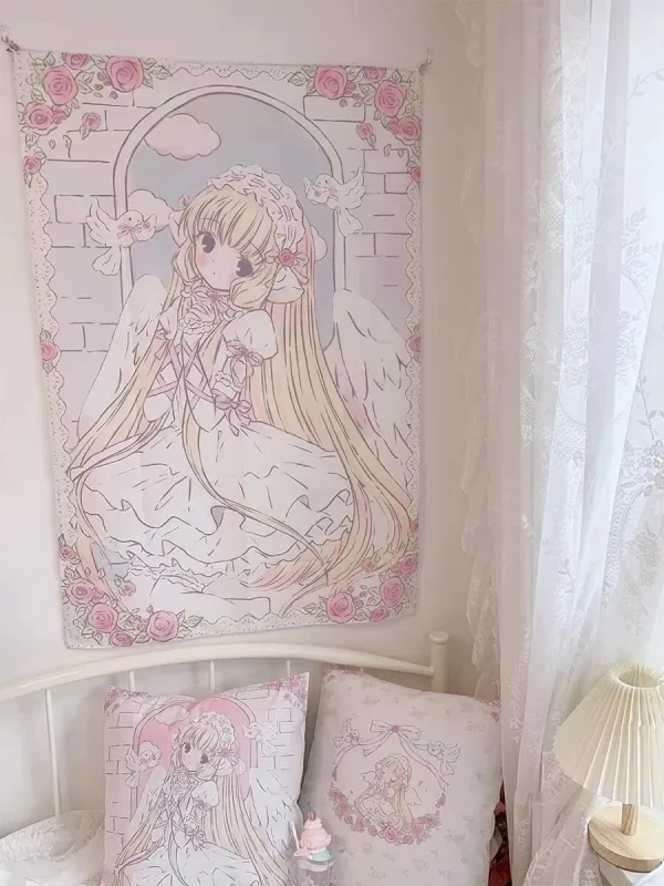 Kawaii Anime Girl Tapestry Wall Hanging Pink Cute Cartoon Style Fantasy Background Home Decorations 2