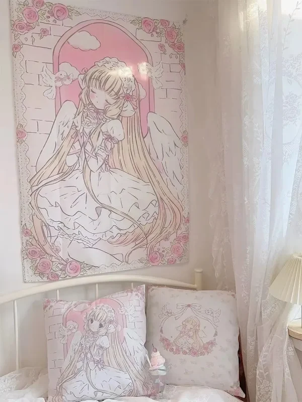 Kawaii Anime Girl Tapestry Wall Hanging Pink Cute Cartoon Style Fantasy Background Home Decorations 3