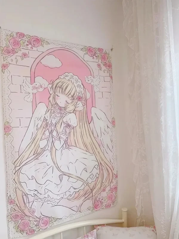 Kawaii Anime Girl Tapestry Wall Hanging Pink Cute Cartoon Style Fantasy Background Home Decorations 4