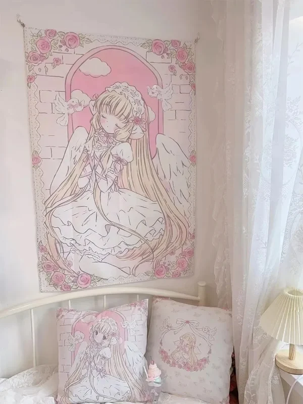Kawaii Anime Girl Tapestry Wall Hanging Pink Cute Cartoon Style Fantasy Background Home Decorations 5