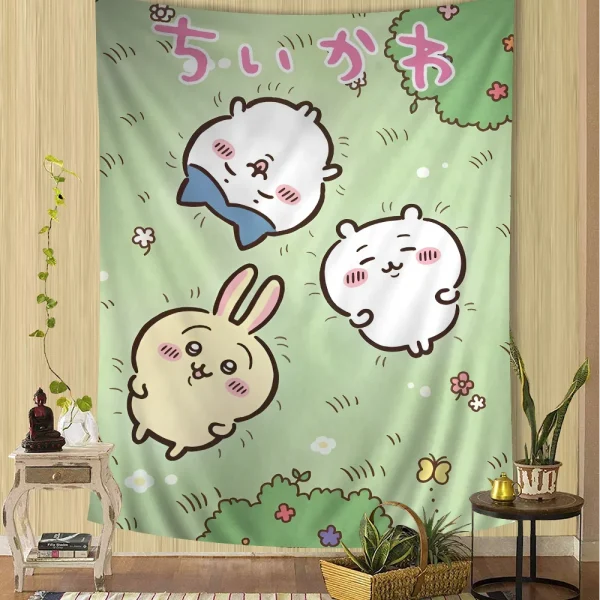 Cute Cartoon Chiikawa Tapestry Anime Tapestry Hanging Tarot Hippie Wall Rugs Dorm Wall Hanging Sheets 4
