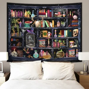 1pc Bookshelf tapestry, magical Gothic cowhead bone witch, retro plant mysterious education bookshelf tapestry 1