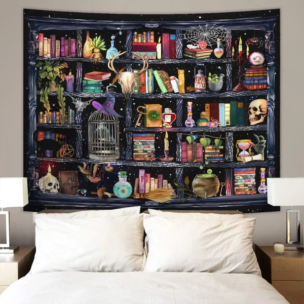 1pc Bookshelf tapestry, magical Gothic cowhead bone witch, retro plant mysterious education bookshelf tapestry 1
