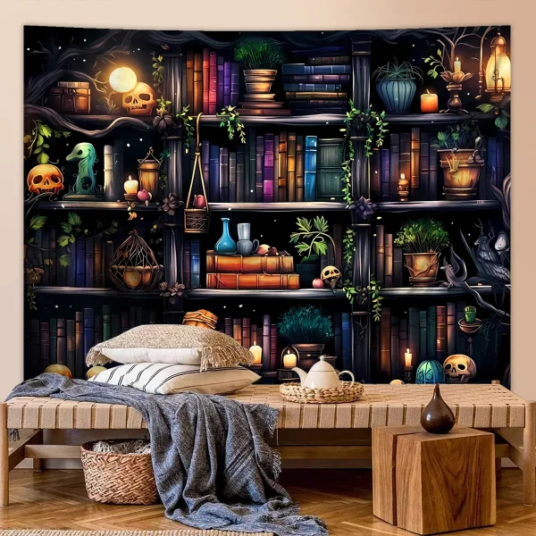 1pc Bookshelf tapestry, magical Gothic cowhead bone witch, retro plant mysterious education bookshelf tapestry 2