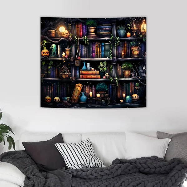 1pc Bookshelf tapestry, magical Gothic cowhead bone witch, retro plant mysterious education bookshelf tapestry 4