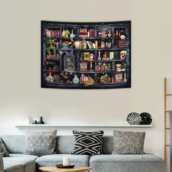 1pc Bookshelf tapestry, magical Gothic cowhead bone witch, retro plant mysterious education bookshelf tapestry 5