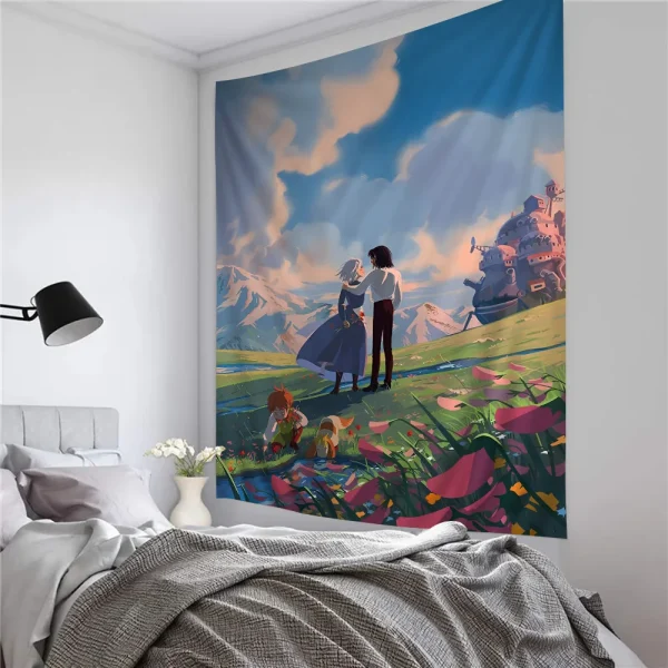 Studio Ghibli Howls Moving Castle Tapestry Anime Tapestry Hanging Tarot Hippie Wall Rugs Dorm Wall Hanging Sheets 2