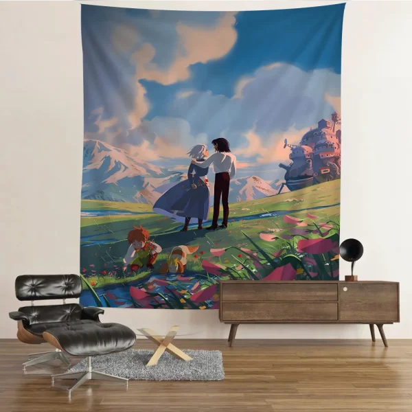Studio Ghibli Howls Moving Castle Tapestry Anime Tapestry Hanging Tarot Hippie Wall Rugs Dorm Wall Hanging Sheets 3