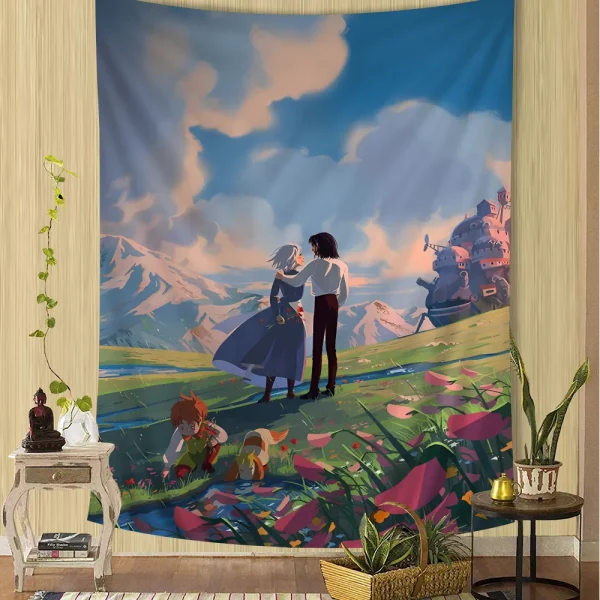 Studio Ghibli Howls Moving Castle Tapestry Anime Tapestry Hanging Tarot Hippie Wall Rugs Dorm Wall Hanging Sheets 4