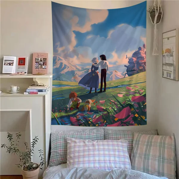 Studio Ghibli Howls Moving Castle Tapestry Anime Tapestry Hanging Tarot Hippie Wall Rugs Dorm Wall Hanging Sheets 5