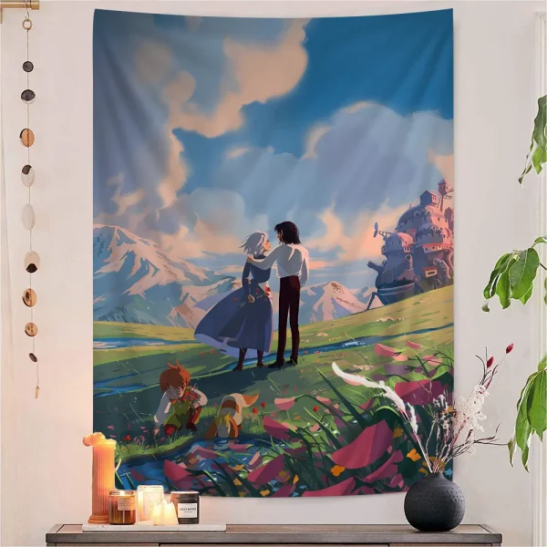 Studio Ghibli Howls Moving Castle Tapestry Anime Tapestry Hanging Tarot Hippie Wall Rugs Dorm Wall Hanging Sheets 6