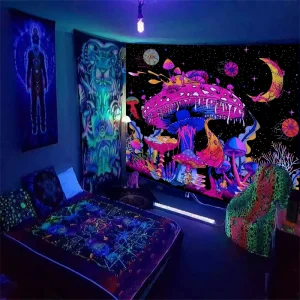 1pcFluorescent colored mushroom tapestry, ultraviolet black light natural plant forest moon flower mysterious night sky tapestry 1